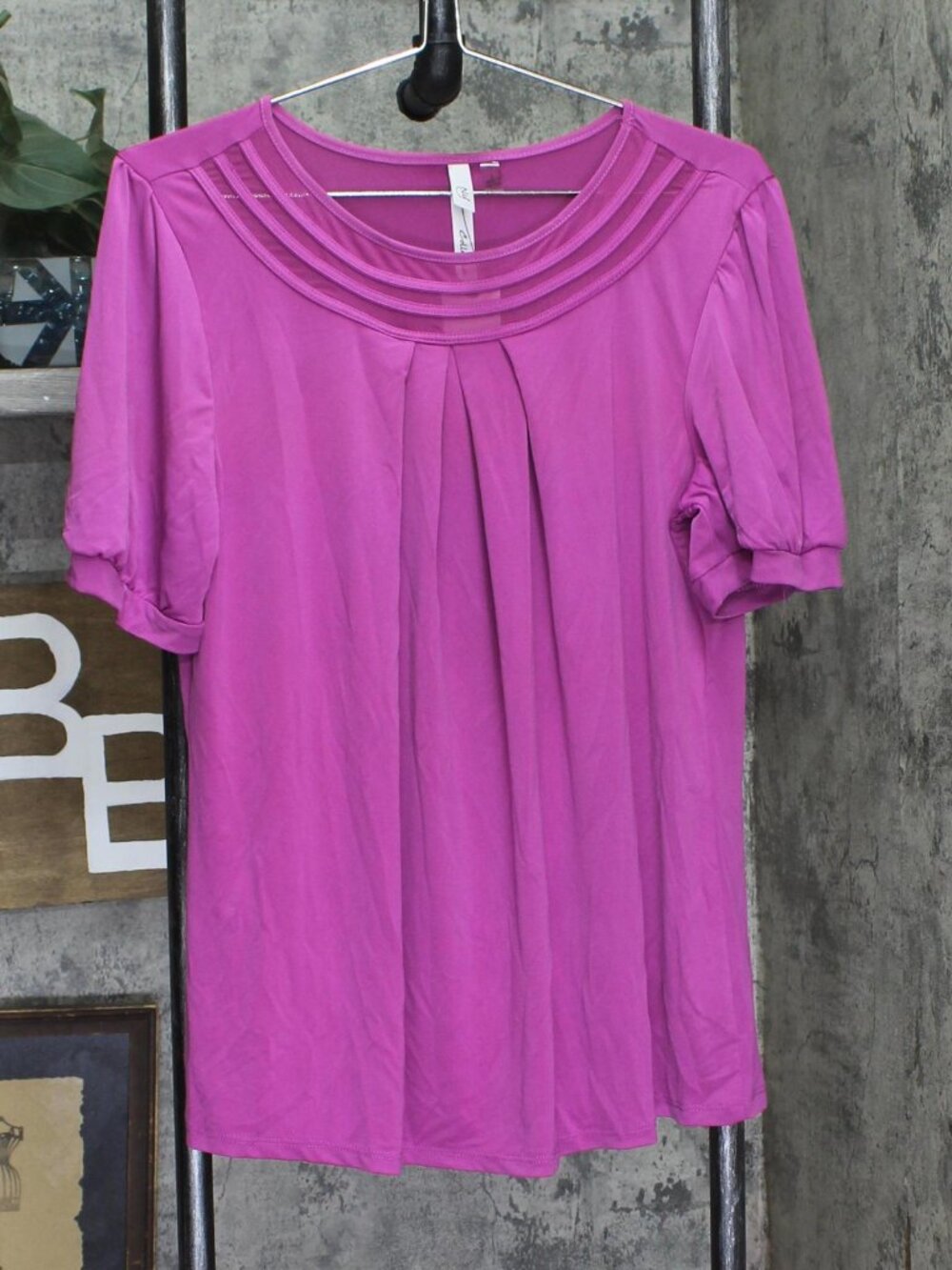 Ny Collection Pink Ny Collection Puff Sleeve Sheer Inset Knit Pleated Sz L